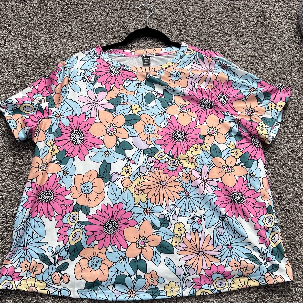 SHEIN Floral Short Sleeve Top - Pink, Orange, Blue